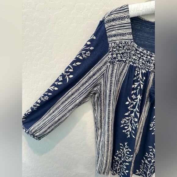 LUCKY BRAND | Boho Floral Stripe Peasant Top Blue White Tunic Plus Size | 1X - Picture 3 of 6